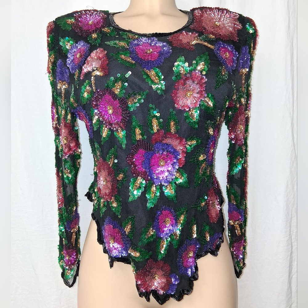 Vintage Larance Kyazer New York   Multicolor Sequin Floral Blouse  Size PXL - Picture 14 of 16